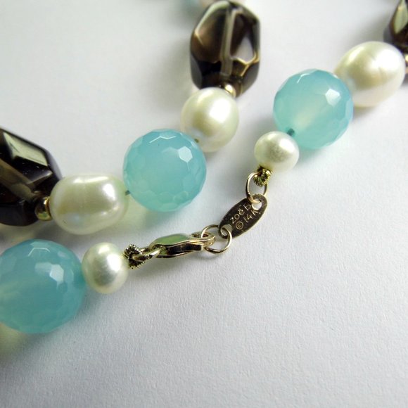 14KY Chalcedony Pearl Smoky Quartz Gold NECKLACE - Picture 7 of 11